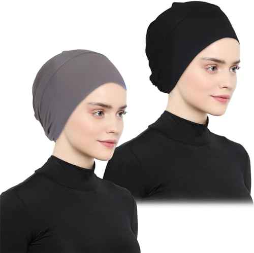 2 Stück Turban Damen Hijab Undercap Hijab Untertuch Kopftuch Hijab Cap Islamischer Kleidung Damen Muslim Einfarbiger Nachtmütze Verstellbares Bandana Kopftuch Damen Hijab Chemo Kopfbedeckung Damen