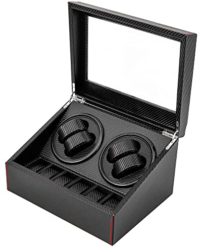 Chynalys Drehen Uhrenbeweger, Automatic 2 Motor Watch Winder Carbon Fiber Display Box Case Storage 4+6, Watch Winder with Silent Motor, 2 Modes, Automatik Uhrenbeweger Box für Automatikuhren(Fasern)