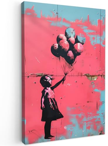 MuchoWow© Bilder Wohnzimmer Deko Modern Wandbild Kunstdruck auf Leinwand | 60x90 cm - Bild Schlafzimmer über Bett Room Decor Geschenke Graffiti - Mädchen - Ballon - Banksy - Street art