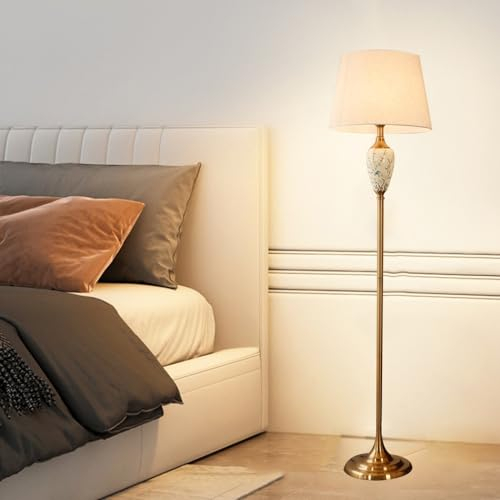 Stehlampe Wohnzimmer, Moderne Höhe Stehleuchte mit Metall, Lampenschirm aus Stoff, E27 Fassung, Fußschalter, Gold Stil, Leselampe Keramik Standlampe für Wohnzimmer Schlafzimmer Arbeitszimmer (A)