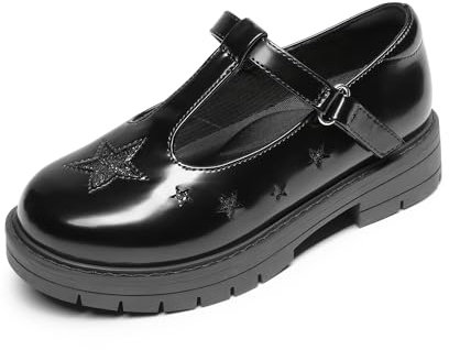 DREAM PAIRS Girls Black T-bar School Shoes Durable Walking Daily Casual Flat Shoes,Size 13 Little Kid,Star-Glossy Black,SDFL2421K