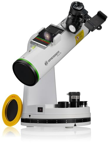 Bresser PushTo NT-76/350 Smart Teleskop, 76 mm spegelobjektiv, 350 mm brännvidd, Bluetooth, bordsenhet med smartphone-adapter