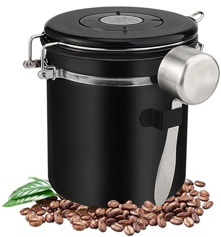 Atliberswo Bote Cafe Hermetico(1,5L), Recipiente Café Hermético, Frascos de café de acero inoxidable con cuchara, ideal para almacenar granos de café, especias, té y frutos secos (negro)