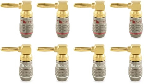 Nakamichi FanLock Excel-Serie 24K vergoldeter Rechtwinkliger Bananenstecker, 10 AWG – 18 AWG, 4 mm Dicke für Lautsprecherverstärker, Hi-Fi Heimkino Audiokabel Schnellanschluss, 8 Stück (4-Paare)