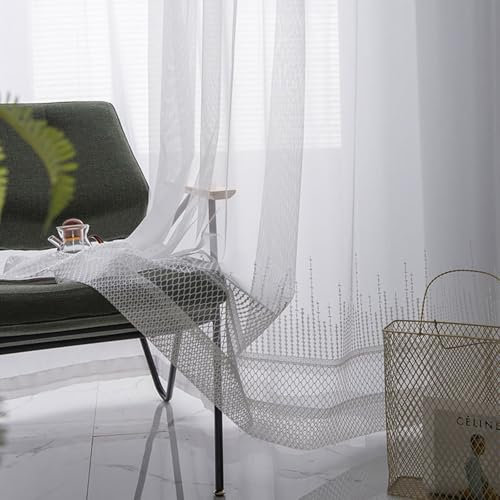 Homxi Voile Vorhang Transparent 2er Set,2 x 132W x 214H cm,Vorhang Wohnzimmer Modern Weiß Einfarbig mit Stickerei Gardinen Nach Maß mit Ösen