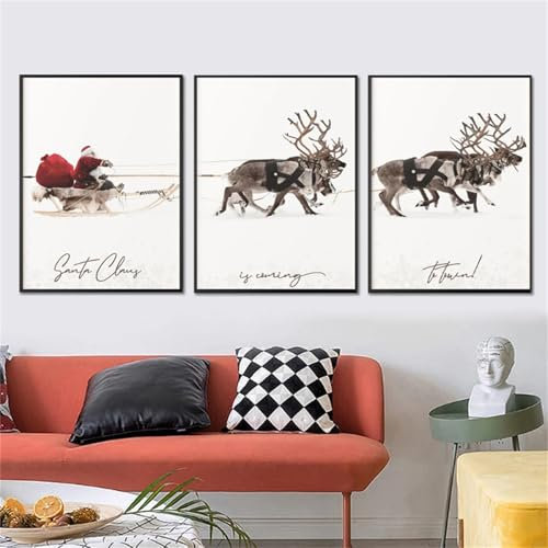 LXTOPN Weihnachten Dekor Poster Set,Moderne Kunstdrucke Bilder Weihnachtsmann Rentier mit Schlitten Art Bilder,Wandbilder Wohnzimmer Schlafzimmer,Deko Wandbild OHNE Rahmen. (3 * 50x70cm)