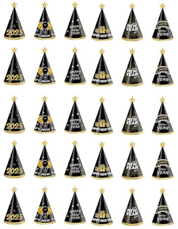 30 Stück Silvester Partyhüte 2025 Sortiment elegante Festivalhüte handgefertigt aus Papier Fotografie