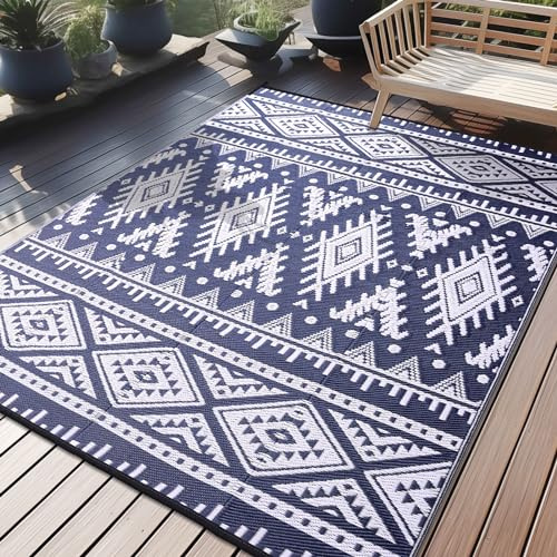 Homaxy Outdoor Teppich Wetterfest, 180x270cm, Marine Blau & Weiß | Kunststoff Stroh Faltbar Waschbar UV-beständig Wendbar Balkon Garten Teppich für Terrasse Camping Picknick