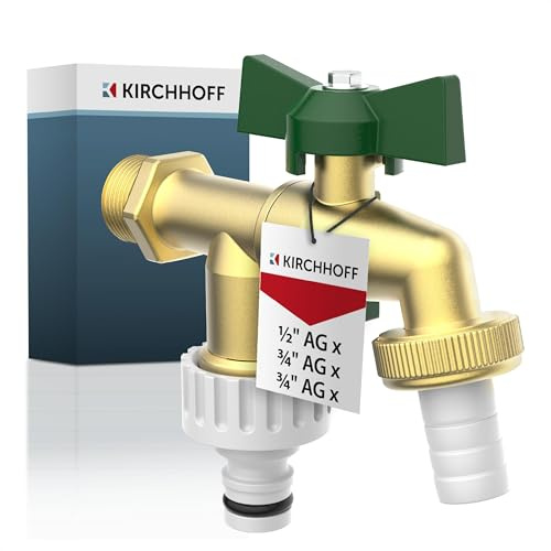 KIRCHHOFF Doppelwasserhahn 1/2 Zoll x 3/4 Zoll x 3/4 Zoll | Garten Wasserhahn mit 2 Anschlüssen, 2-Wege-Außenwasserhahn für Gartenschlauch, Auslaufhahn für Keller und Garten