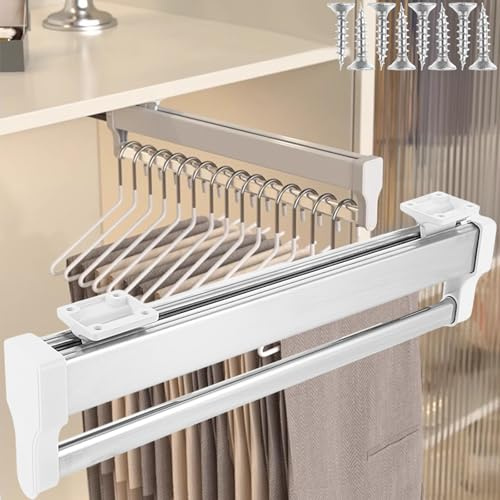 SHUESS Ausziehbare Kleiderstange für Schrank Weiß, 35–80 cm Teleskop Kleiderstange aus Edelstahl, leise Kugellager, platzsparende Kleiderstange Schrank ausziehbar für Kleiderschrank & Schränke