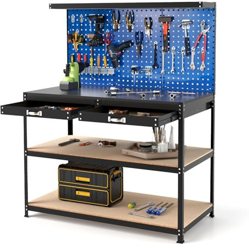 GYMAX Werkbank mit Lochwand, Arbeitstisch mit 24 Werkzeughaken, 2 Schubladen & offenen Regalen, Werkzeugbank bis zu 230 kg belastbar, robuste Werktisch für Garage, Werkstatt & Zuhause (Blau)