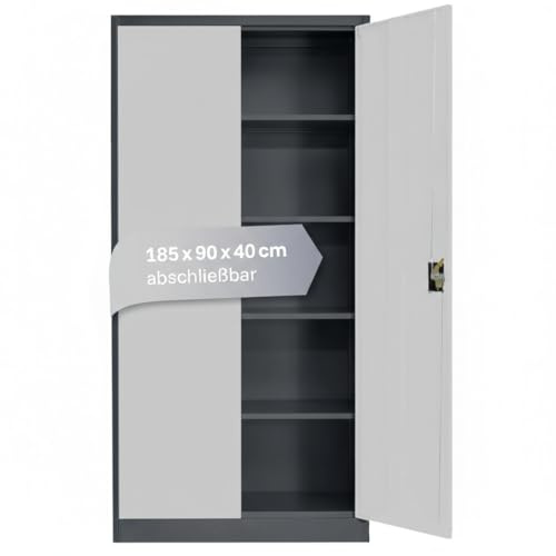 LagerZwei Mehrzweckschrank 185x90x40cm I Metallschrank, 4 Fachböden I Aktenschrank, abschließbar I Robuster Allzweckschrank als Werkstattschrank & Büroschrank I Stahlschrank grau-weiß