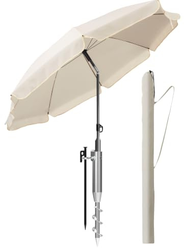 4smile Sonnenschirm Strand 3-IN-1 SET mit Einschraubhülse, Ø 180 cm, Beige | Strandschirm Windfest Stabil, UV50 Sonnenschutz Strand, Einschraubhülse & Schirmhülle, Höhenverstellbar, Schatten für Garten