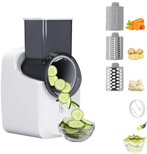 Rallador De Queso Eléctrico, Cortador De Verduras De 50W con 3 Juegos De Cuchillas, Picador De Verduras Eléctrico con Gran Tolva, Acero Inoxidable, Desmontable para Queso, Verduras Y Frutas