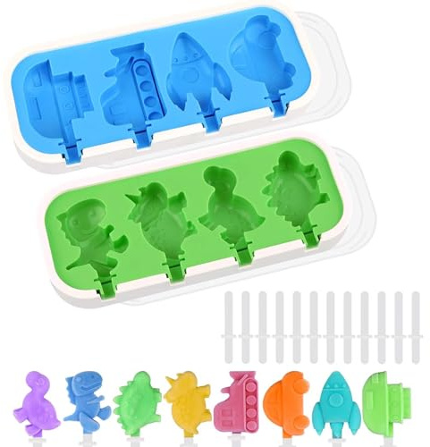 ZWLIYCHN Eisformen Eis Am Stiel 4 Hohlraum 2 Stück, Eisformen Silikon mit Deckel, Zeichentrickfigur Design Eis Am Stiel Formen Wiederverwendbar Lebensmittelqualität Eis Pop Creme Formen