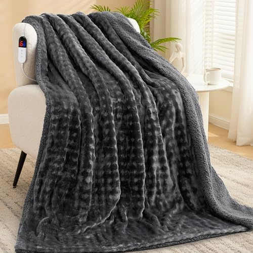 CURECURE Electric Heated Blanket Throw 150x200cm, Extra Large 3D Bubble Flannel & Sherpa Fleece, 6 Heat Settings & 1-10H Timer Auto-Off, Machine Washable Electric Blanket Double for Bed Sofa, Grey
