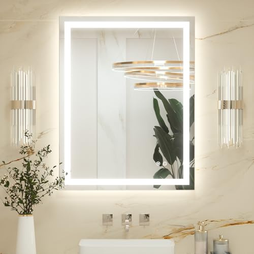 Keonjinn Specchio da bagno 70 x 90 cm con luci a LED, specchio cosmetico antinebbia posteriore e frontale illuminato a 3 colori, dimmerabile, da parete, rettangolare