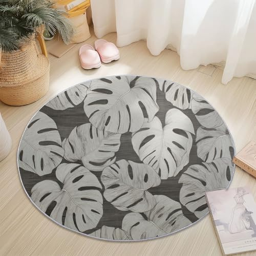 Generisch Runder Teppich Abstrakte Monstera Muster 90 cm, Waschbar Grau Kurzflor rutschfest Weich Flanell Teppiche - für Wohnzimmer Schlafzimmer Esszimmer Kinderzimmer Flur