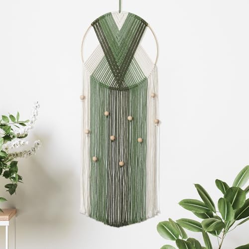 Macrame Wall Hanging Green Beige Wall Art Tapestry Boho Wall Decor Dream Catchers Handmade Woven Cotton Rope Tassel Aesthetic with Wooden Bead for Bedroom Living Room Office Apartment Ornament