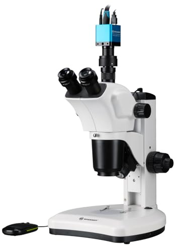 Bresser Trino Zoom Stereo Microscope 7-63x with 9x Zoom, LED Reflected Light/Transmitted Light, HDMI Full HD Microscope Camera, C-Mount Connection, Black