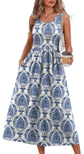 WIHOLL Summer Dresses for Women 2025 2026 Sleeveless Flowy Cute Casual Midi Dresses for Women Spring Dress Sundresses for Women Hawaiian Maxi Dress Blue Damask Print L