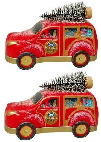 Festive Car Shaped Shortbread Biscuit Tin Gift Holiday Treat Traditional Scottish Style Crunchy Butter Biscuits Collectible Keepsake Storage Tin (pack of 2)