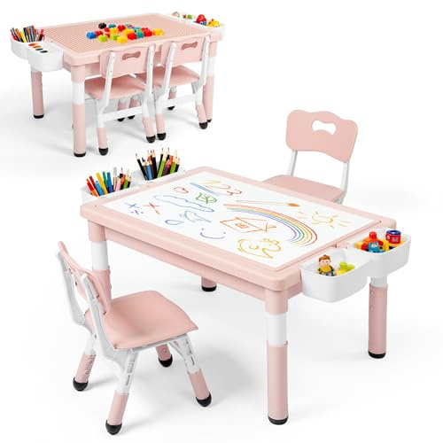 Kinder King Kids Table & 2 Chairs Set, Height Adjustable Children Activity Table w/Storage, Graffiti & Building Blocks Tabletop, Toddler Furniture Set for Classroom, Daycare, Home, Age 3+, Pink