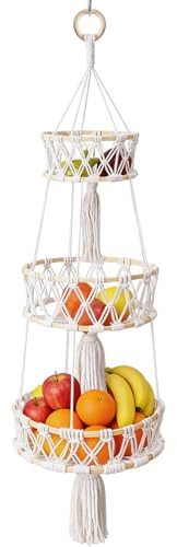 3 Stöckig Obstkorb Hängend - Vegetable Basket, Bambus Hängekorb Obst, Handmade Basket Hanging Kitchen, Obst Aufbewahrung Hängend, Boho Hanging Baskets, Suitable for Kitchen Living Room (110cm)