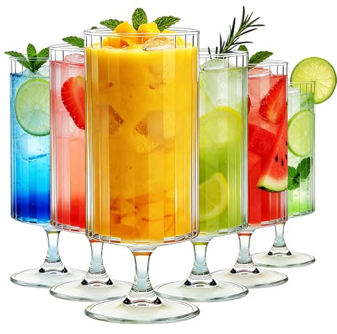 Aulivra Gläser Set [6 x 380ml] Cocktailgläser Set Longdrink Cocktail Gin Bier Wasser Longdrinkgläser Trinkglas Wasserglas Glas Smoothie Dessert Spülmaschinenfest Transparent (Rippung)