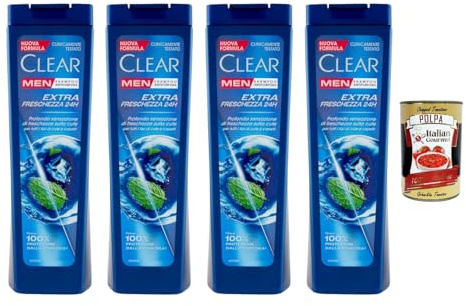 CLEAR Men Shampooing anti-pelliculaire extra frais 24 h avec menthol 4 x 225 ml pour cheveux hommes + Italian Gourmet Polpa