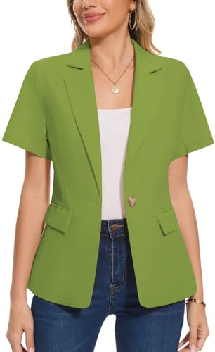Women Linen Blazer Lapel One Button Short Sleeve Jacket,Light Green,XL | With Pockets, One Button Closure, Cotton Linen Short Sleeve Blazer Womens, Notched Lapel, Capsule Wardrobe for Women