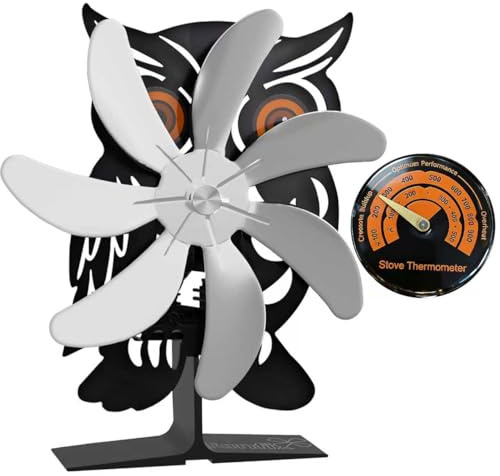 ILOKNZI 7-Flügel Holzofenventilator Eulen-Design, wärmebetrieben, leise | Wärmebetriebener Ofenventilator mit Thermometer und hitzebeständigem Design für Holzofen, Kamin und optimale Wärmezirkulation
