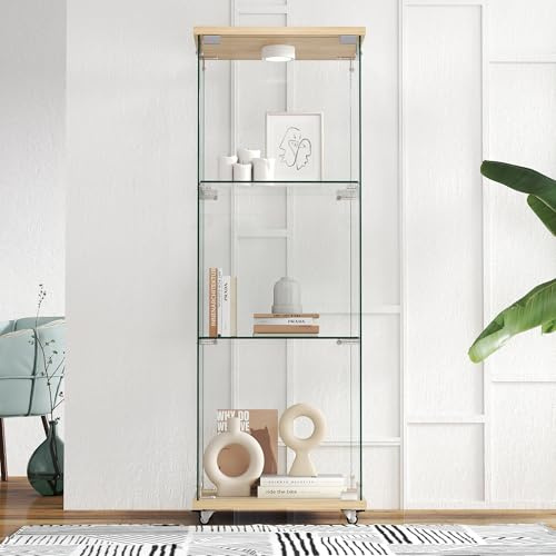 Ligterra Vetrina in vetro temperato, adatta per soggiorno e camera da letto, design a 3 ripiani, effetto legno naturale, altezza 120 cm, larghezza 42,5 cm, profondità 36,5 cm