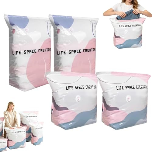 Vakuumbeutel Ohne Pumpe, No‑Pump Vacuum Storage Bags, 3D-Vakuum-Aufbewahrungsbeutel Ohne Pumpe, Wiederverwendbare vakuumbeutel für kleidung, Bettdecken & Reisen (M+L-4 Stück)