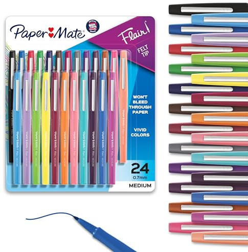 Paper Mate Felt Tip Pens, Flair Marker Pens, Medium Point, Assorted, 24 Count - Home, Office, Back to School, Teacher Supplies