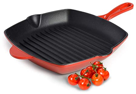 ProCook Red Cast Iron Square Griddle Pan Enamel Coated Professional Heavy Grill Saute Fry Pan Induction Hob Compatible Cookware - 26 x 26 x 4 cm
