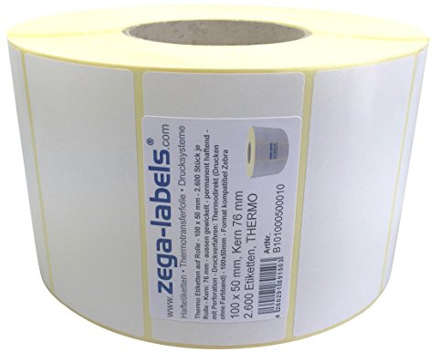 Thermo Etiketten auf Rolle - 100 x 50 mm - 2.600 Stück je Rolle - Kern: 76 mm - aussen gewickelt - permanent haftend - Druckverfahren: Thermodirekt (Drucken ohne Farbband)
