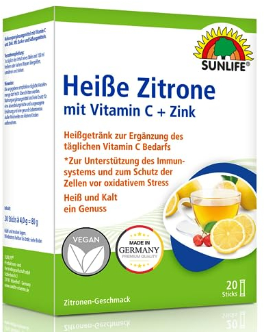 SUNLIFE Heiße Zitrone mit Vitamin C & Zink - 1x20 Pulver Sticks - Nahrungsergänzung zur Unterstützung des Immunsystems - pro Tagesdosis 160 mg Vitamin C & 5 mg Zink - Zitronen Heißgetränk