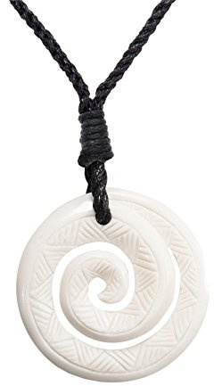 81stgeneration Handmade Necklace Round Koru Carved Bone Pendant with Tribal Engravings - Maori Style Jewellery - Black Cord Surfer Necklace for Women - Men's Natural Bone Necklace