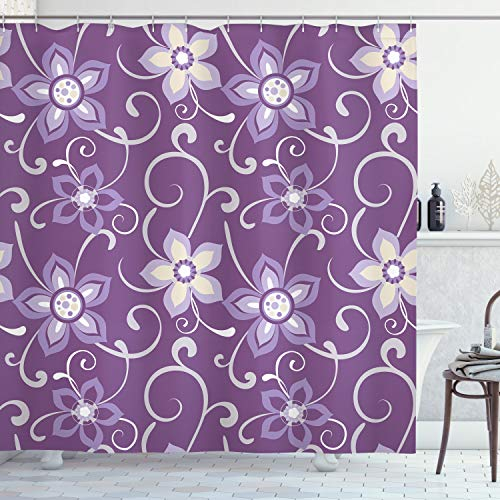 ABAKUHAUS Aubergine Duschvorhang, Flieder mit Blättern, Stoffliches Gewebe Badezimmerdekorationsset mit Haken, 175 x 180 cm, Weiß Lila