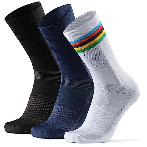 DANISH ENDURANCE Performance Crew Cycling Socks, Cushioned Bike Socks, for Men & Women, Unisex, 3 or 5 Pack, Multicolour: 1 x Stripes, 1 x Black, 1 x Blue, 9-12