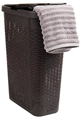 Mind Reader Slim Laundry Hamper with Lid, 40L Clothes Basket, Narrow Tapered Design with Ventilated Cutout Pattern, Plastic, Brown