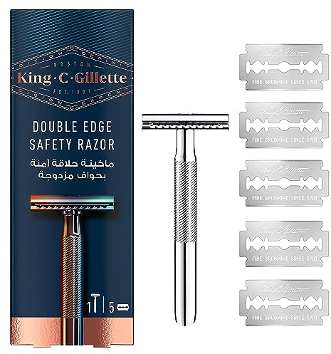King C. Gillette Double Edge Safety Razor, Platinum Coated Blades, Classic Safety Razor for Smooth Shaving, Traditional Wet Shave Razor with 5 Replacement Blades for Men
