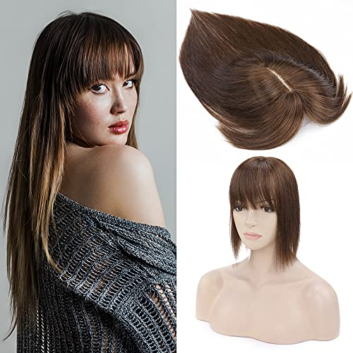 Toupet Femme Cheveux Humain Avec Frange - 12 Pouces, Densité 150% - 7 X 13CM Complément Capillaire Femme Extension A Clips In Toppers, #4 Châtain