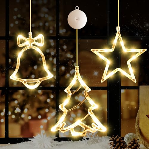 LYUBASA Timer 3Pcs Christmas Window Lights Decorations, Battery Powered Hanging Warm White Lighted Tree Bell Star Shaped LED Sucker for Xmas Tree Fireplace Indoor Decor