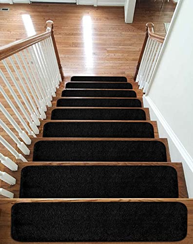 emmahome New Shiny Pile Carpet Stair Treads NON-SLIP MACHINE WASHABLE Mats/Rugs, 20mm Thickness, Indoor 22x67cm, (Black, 7)