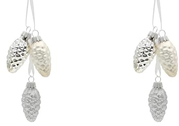Dekohelden24 2 Stück Edler Lauschaer Christbaumschmuck - Krebs Glas Lauscha - Christbaumschmuck Glaszapfen 2er Set mit 3 Tannenzapfen in Silber mit Textilband 6cm, Glanz, matt, glitzernd.