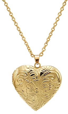 Caiyao Vintage Engraved Flower Empaistic Photo Locket Hold Picture Oval Round Pendant Necklace Antique Carved Pattern Souvenir Memorial Clavicle Jewelry for Women-gold heart