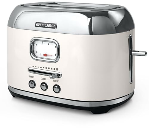 Muse Edelstahl-Toaster in beige und retro Design, analoge Anzeige, beleuchtete Tasten, 6 Bräunungsstufen, 2 Scheiben, MS-120 SC, Vintage Look in beige, mit Krümelschublade