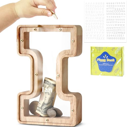 DBPBToU Tirelire Bois en Forme de Lettre Tirelire Cochon (I) | Personnalisée, Tirelire Transparente Créative pour Cadeaux de Festivals/Décoration Intérieure